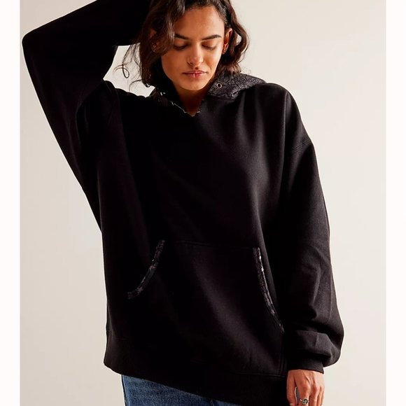 NWT FREE PEOPLE Black Printed It's A Vibe Hoodie